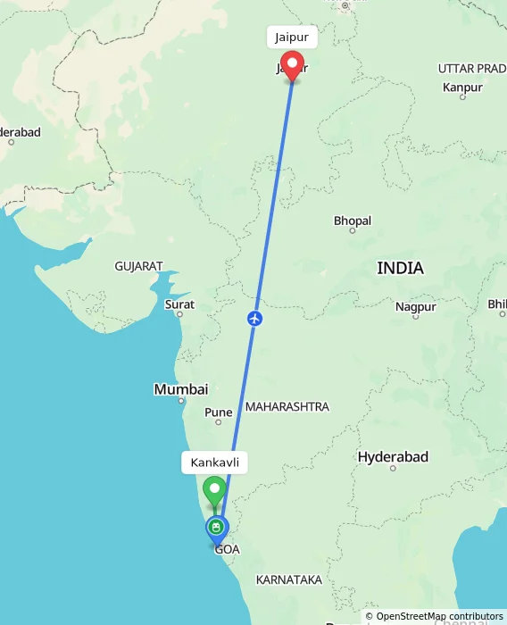 Route map showing distance and travel time from Kankavli, India to Jaipur, India
