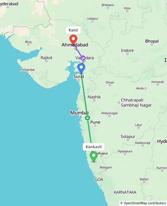 Route map showing distance and travel time from Kankavli, India to Kalol, India