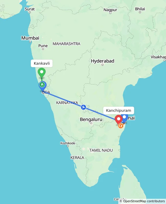 Route map showing distance and travel time from Kankavli, India to Kanchipuram, India