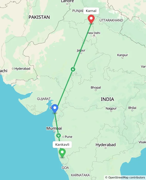 Route map showing distance and travel time from Kankavli, India to Karnal, India