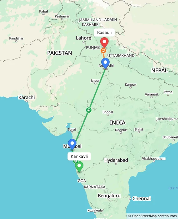 Route map showing distance and travel time from Kankavli, India to Kasauli, India