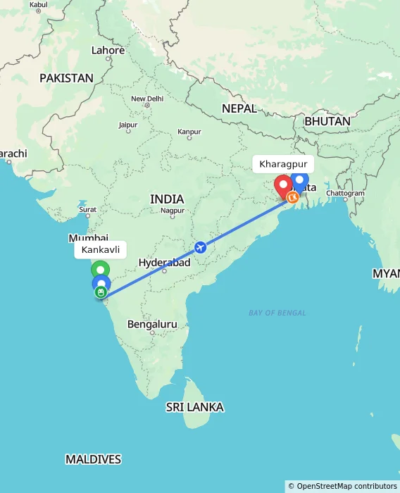 Route map showing distance and travel time from Kankavli, India to Kharagpur, India