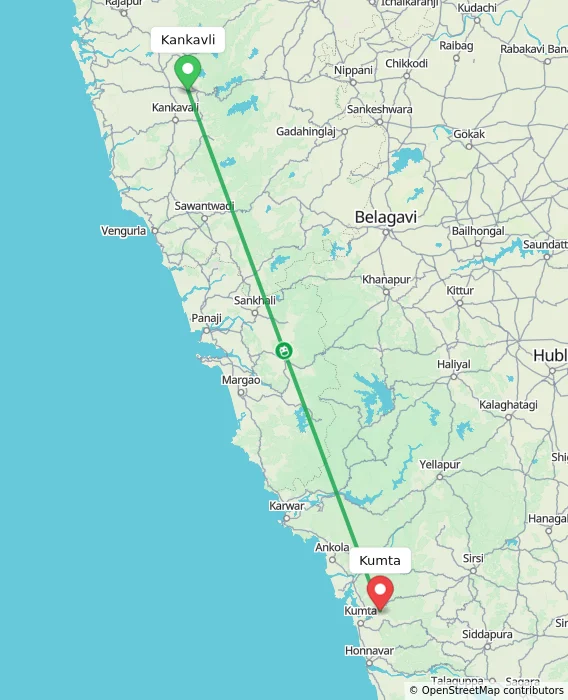 Route map showing distance and travel time from Kankavli, India to Kumta, India