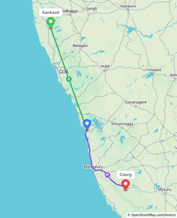 Route map showing distance and travel time from Kankavli, India to Madikeri, India