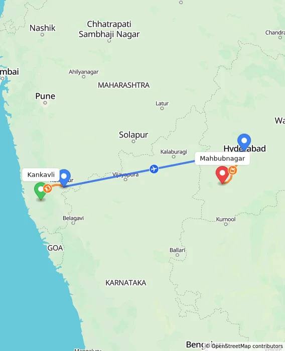 Route map showing distance and travel time from Kankavli, India to Mahbubnagar, India