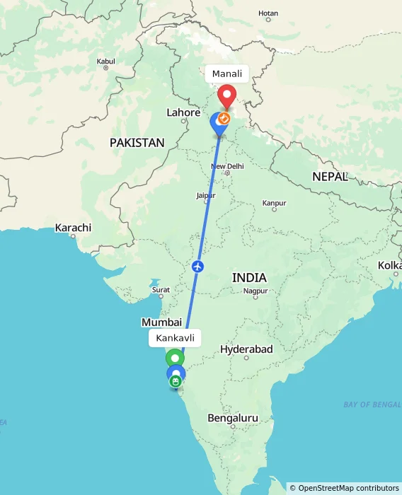 Route map showing distance and travel time from Kankavli, India to Manali, India