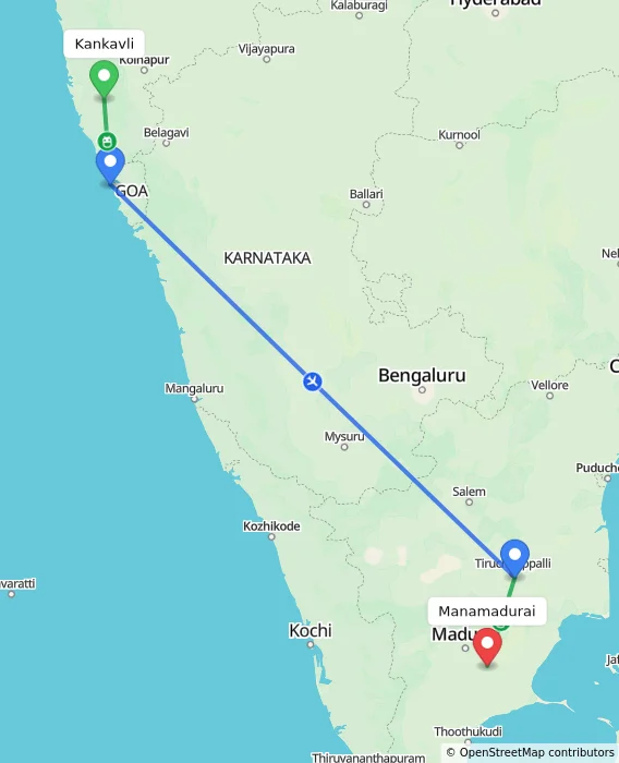 Route map showing distance and travel time from Kankavli, India to Manamadurai, India
