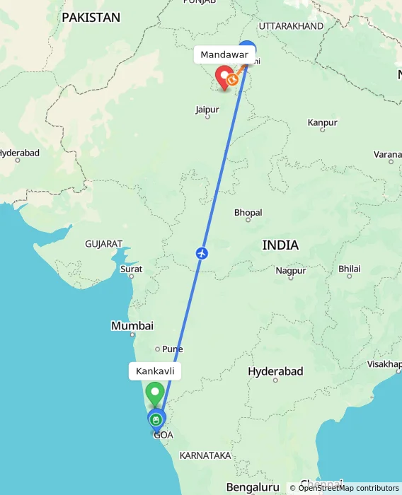 Route map showing distance and travel time from Kankavli, India to Mandawar, India