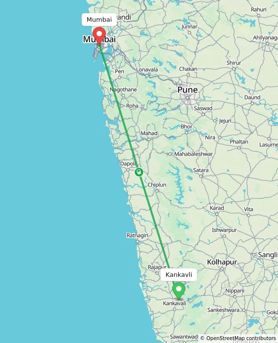 Route map showing distance and travel time from Kankavli, India to Mumbai, India