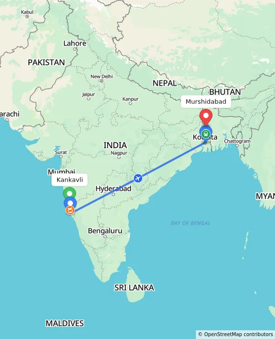 Route map showing distance and travel time from Kankavli, India to Murshidabad, India
