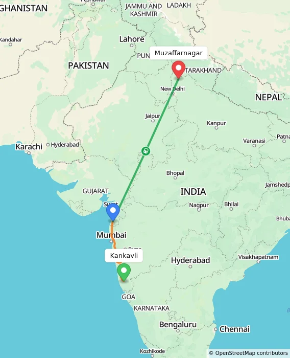 Route map showing distance and travel time from Kankavli, India to Muzaffarnagar, India