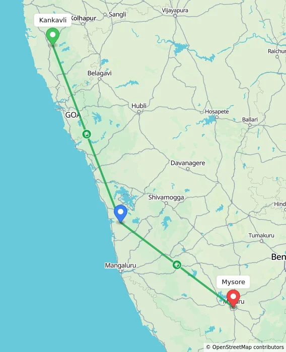 Route map showing distance and travel time from Kankavli, India to Mysore, India