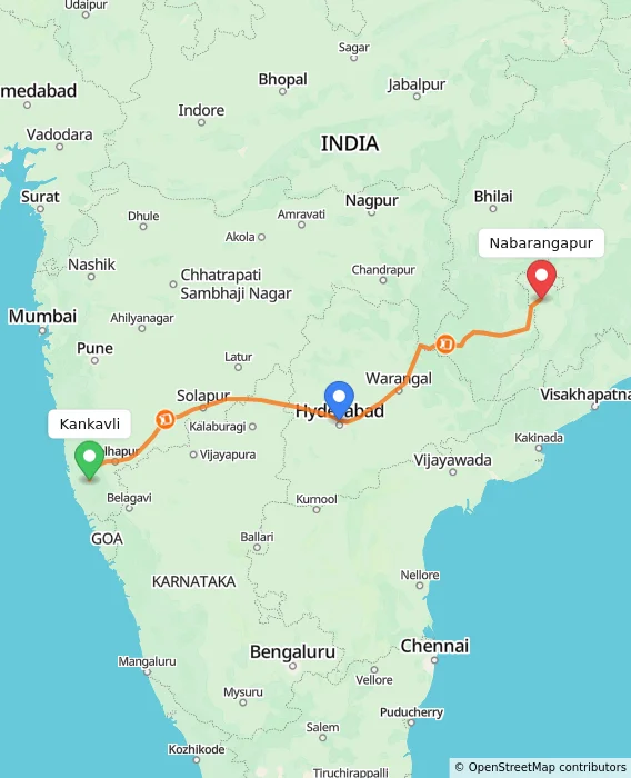 Route map showing distance and travel time from Kankavli, India to Nabarangapur, India