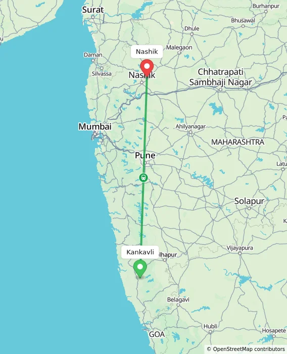 Route map showing distance and travel time from Kankavli, India to Nashik, India