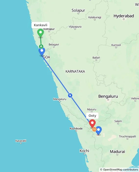 Route map showing distance and travel time from Kankavli, India to Ooty, India
