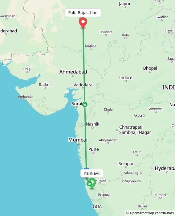 Route map showing distance and travel time from Kankavli, India to Pali, Rajasthan, India