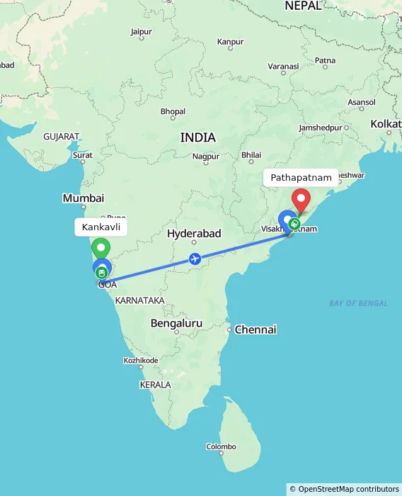 Route map showing distance and travel time from Kankavli, India to Pathapatnam, India