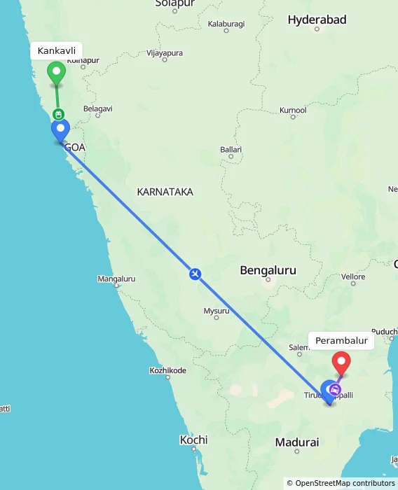 Route map showing distance and travel time from Kankavli, India to Perambalur, India