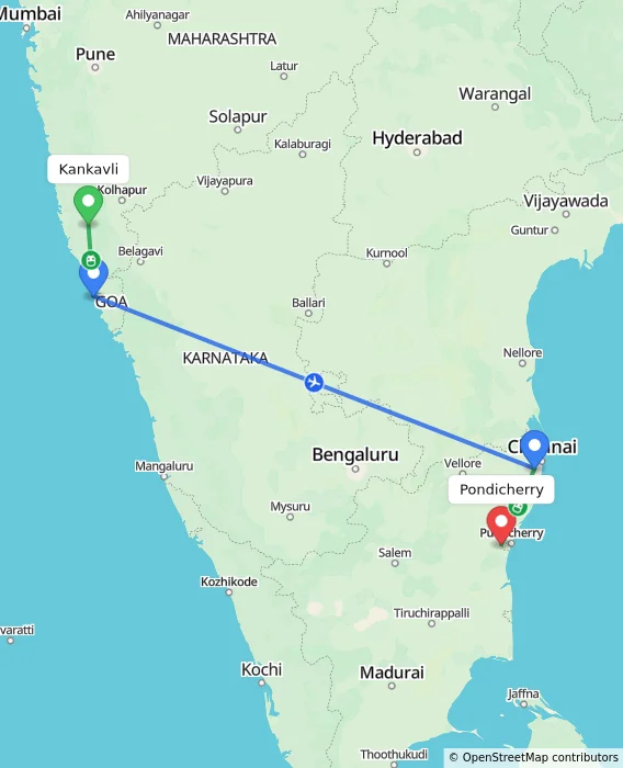 Route map showing distance and travel time from Kankavli, India to Puducherry, India