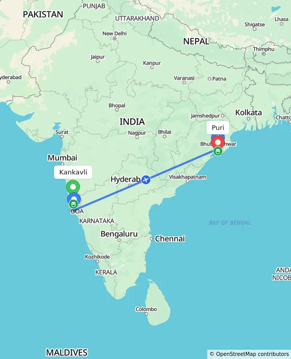 Route map showing distance and travel time from Kankavli, India to Puri, India