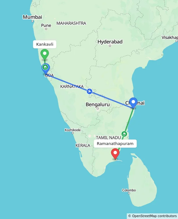 Route map showing distance and travel time from Kankavli, India to Ramanathapuram, India