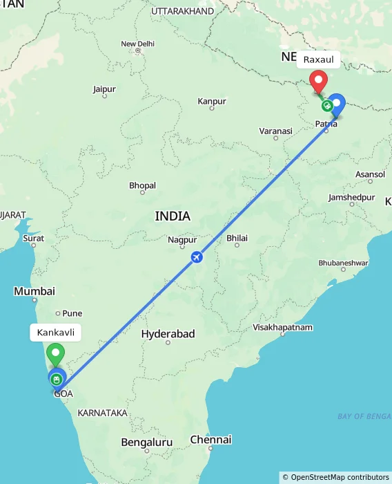 Route map showing distance and travel time from Kankavli, India to Raxaul, India