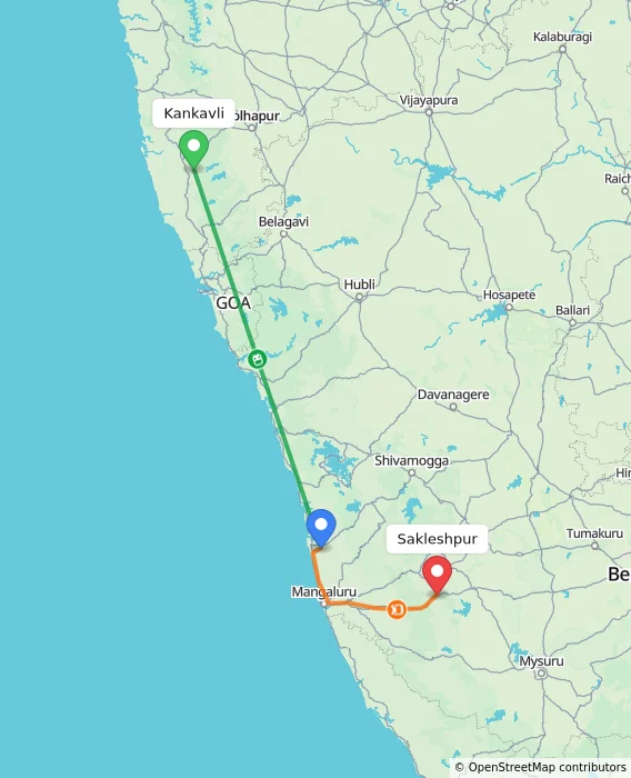 Route map showing distance and travel time from Kankavli, India to Sakleshpur, India