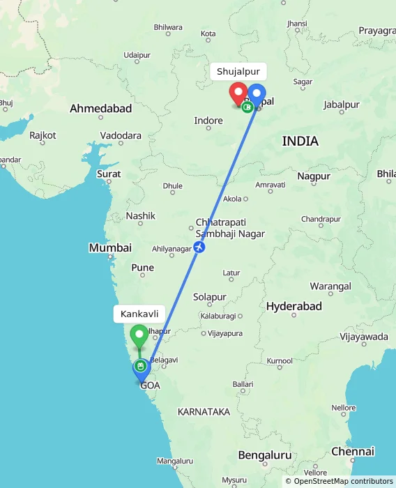 Route map showing distance and travel time from Kankavli, India to Shujalpur, India