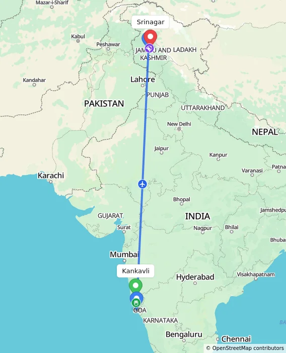 Route map showing distance and travel time from Kankavli, India to Srinagar, India
