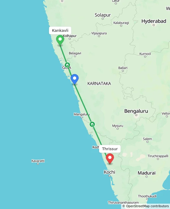 Route map showing distance and travel time from Kankavli, India to Thrissur, India