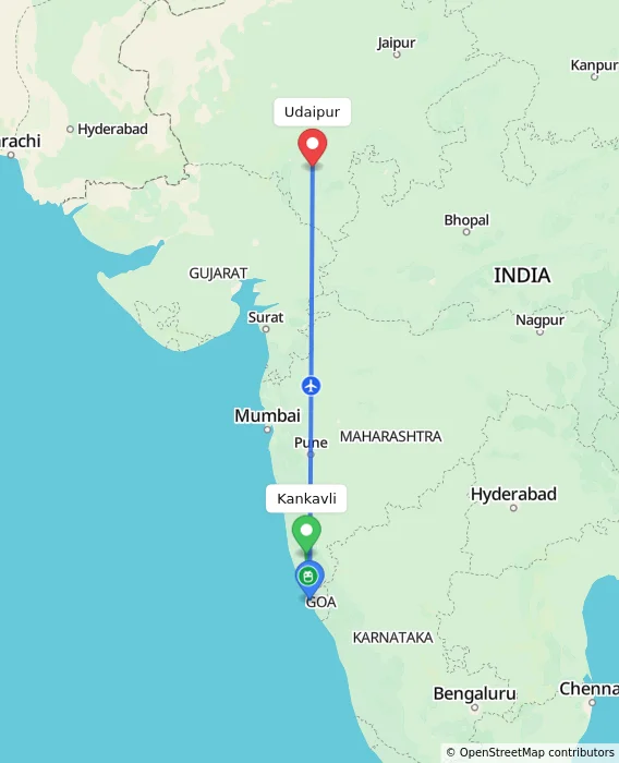 Route map showing distance and travel time from Kankavli, India to Udaipur, India