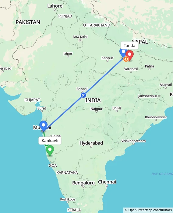 Route map showing distance and travel time from Kankavli, India to Tanda, India