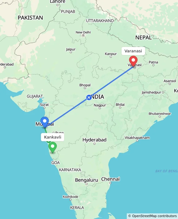 Route map showing distance and travel time from Kankavli, India to Varanasi, India