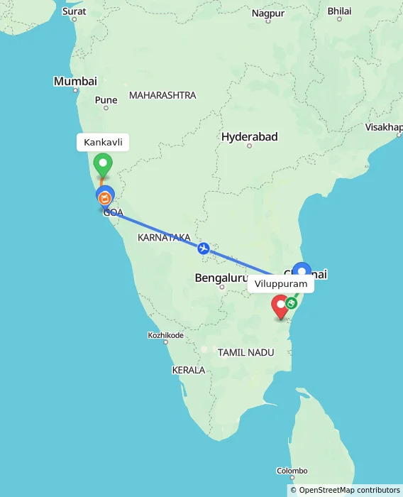 Route map showing distance and travel time from Kankavli, India to Viluppuram, India
