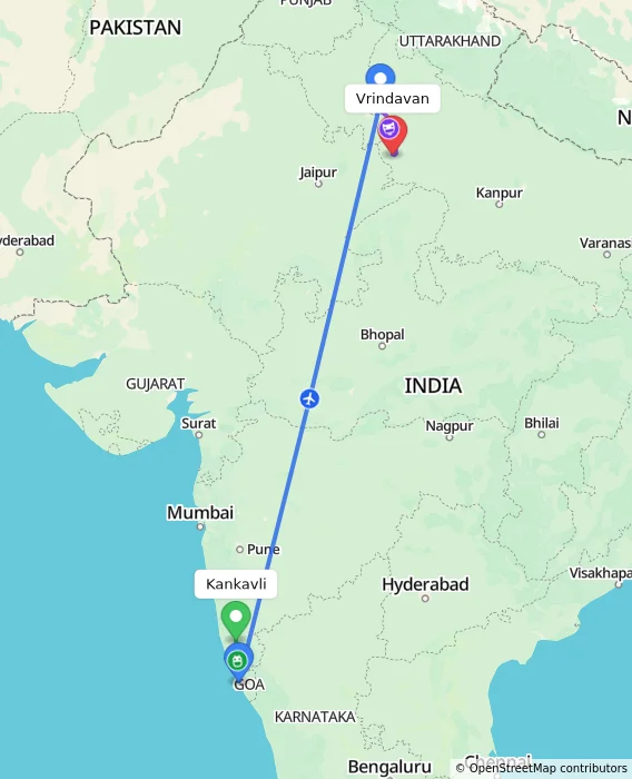 Route map showing distance and travel time from Kankavli, India to Vrindavan, India