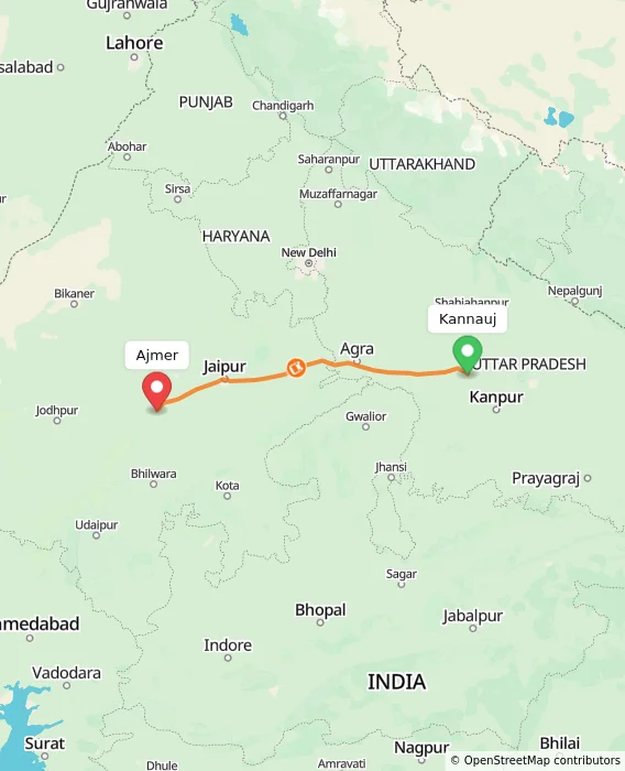 Route map showing distance and travel time from Kannauj, India to Ajmer, India