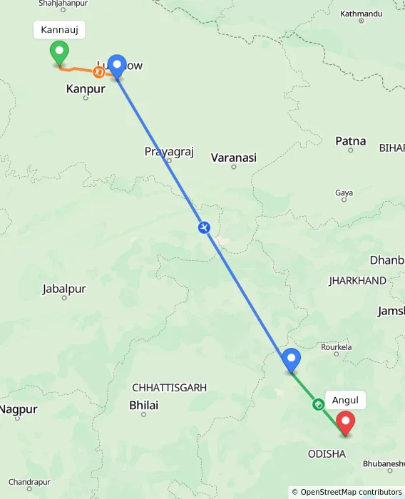 Route map showing distance and travel time from Kannauj, India to Angul, India