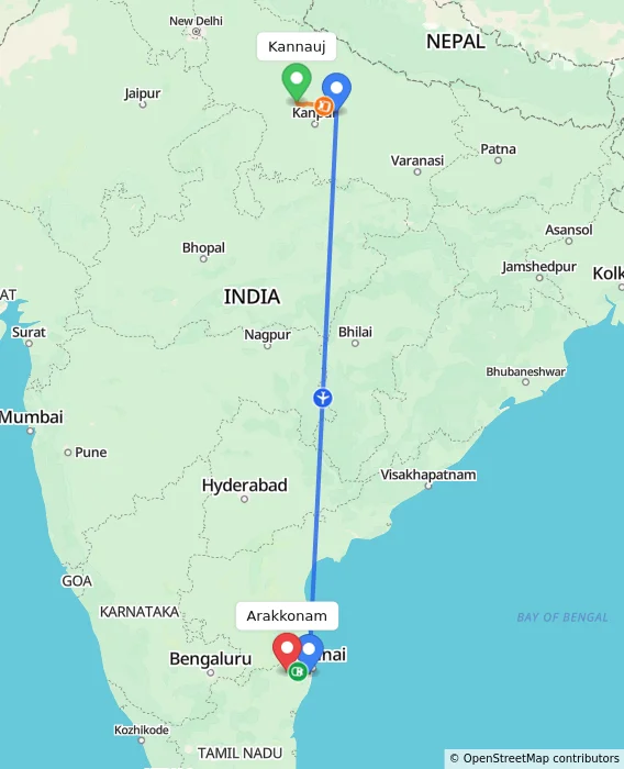 Route map showing distance and travel time from Kannauj, India to Arakkonam, India