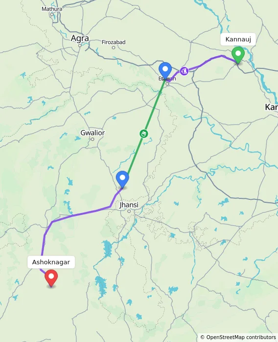 Route map showing distance and travel time from Kannauj, India to Ashoknagar, India