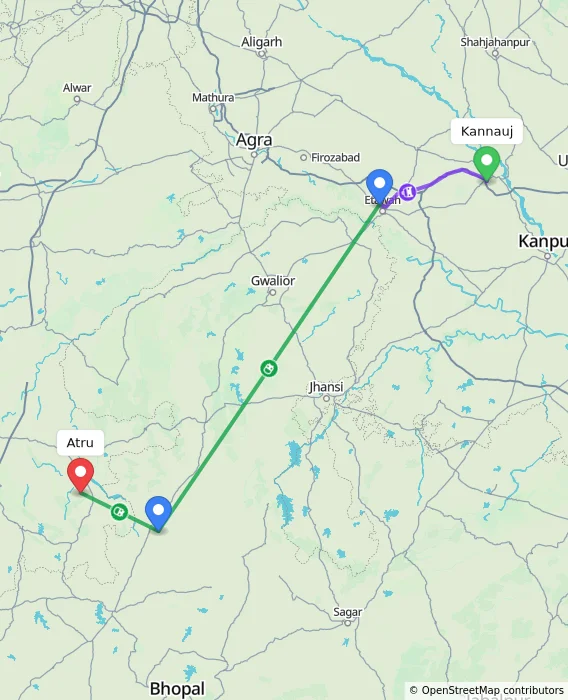 Route map showing distance and travel time from Kannauj, India to Atru, India