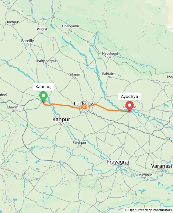 Route map showing distance and travel time from Kannauj, India to Ayodhya, India