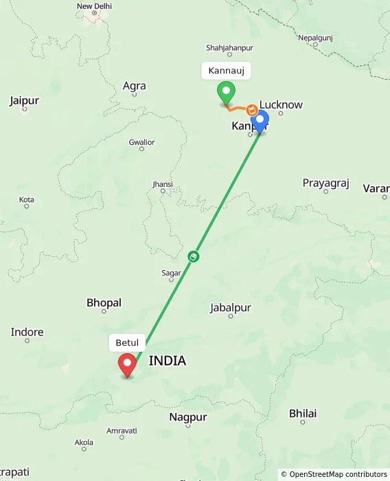 Route map showing distance and travel time from Kannauj, India to Betul, India