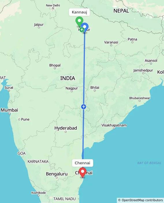 Route map showing distance and travel time from Kannauj, India to Chennai, India