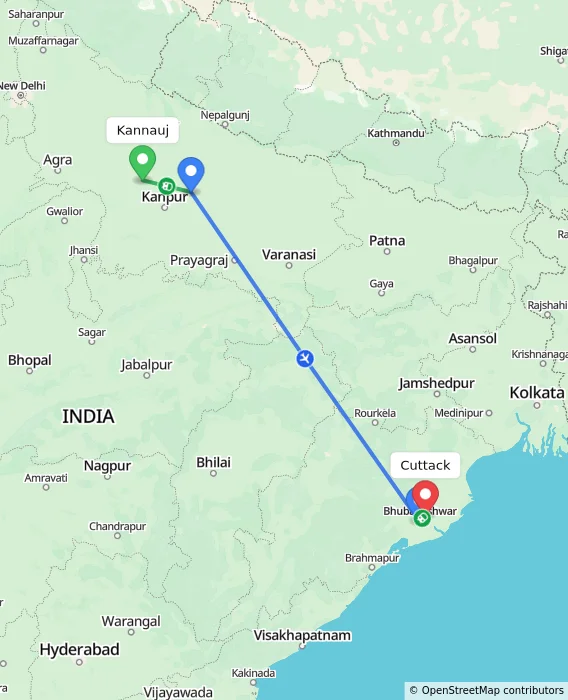 Route map showing distance and travel time from Kannauj, India to Cuttack, India
