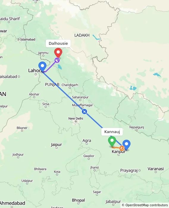 Route map showing distance and travel time from Kannauj, India to Dalhousie, India