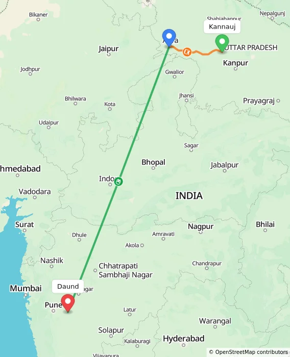 Route map showing distance and travel time from Kannauj, India to Daund, India