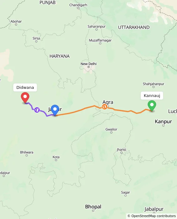 Route map showing distance and travel time from Kannauj, India to Didwana, India