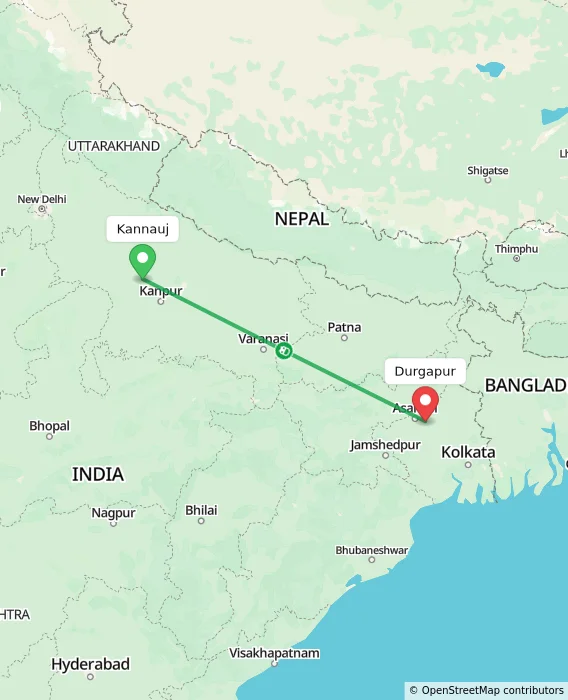 Route map showing distance and travel time from Kannauj, India to Durgapur, India