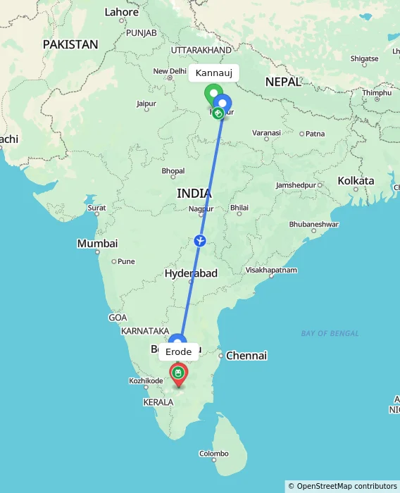 Route map showing distance and travel time from Kannauj, India to Erode, India