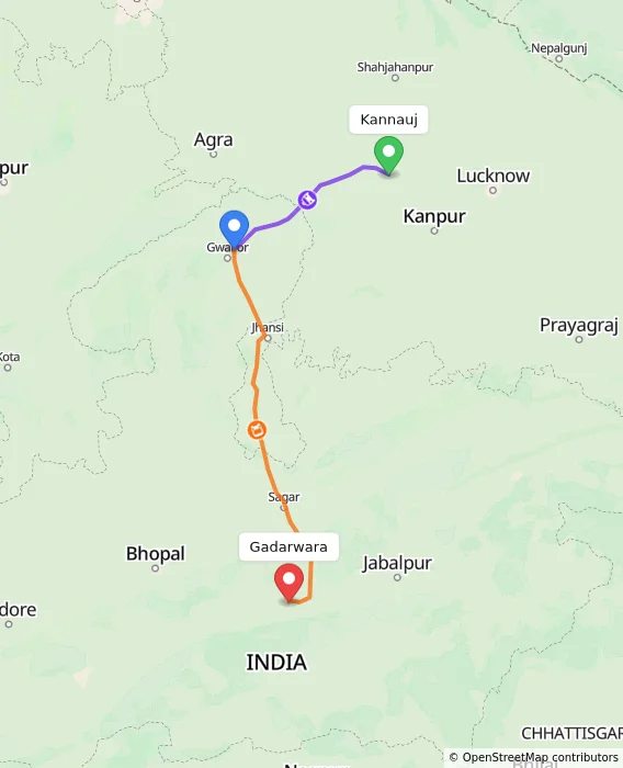Route map showing distance and travel time from Kannauj, India to Gadarwara, India